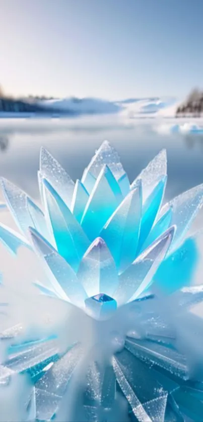 Crystal lotus on a serene icy lake with blue and white tones.