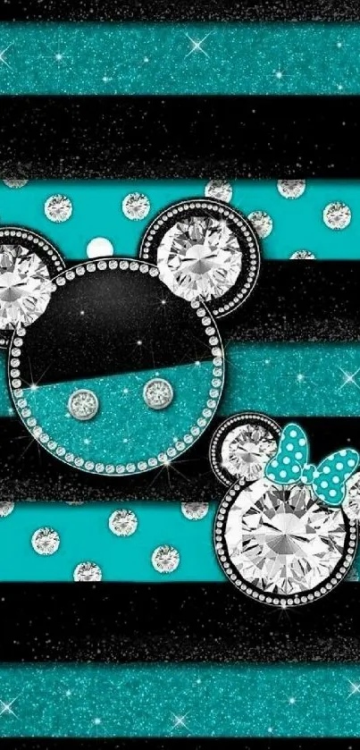 Teal and black striped wallpaper with crystal Mickey Mouse design.