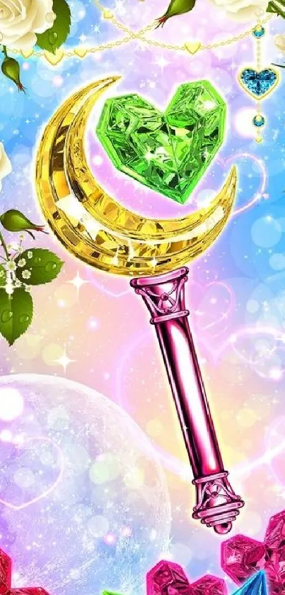 Crystal moon and heart with colorful gems and white roses on a vibrant background.