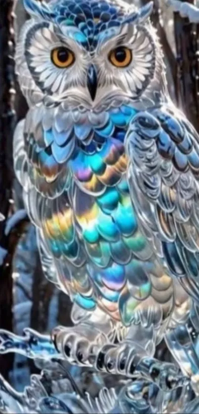 Crystal owl with iridescent feathers in a snowy forest setting.