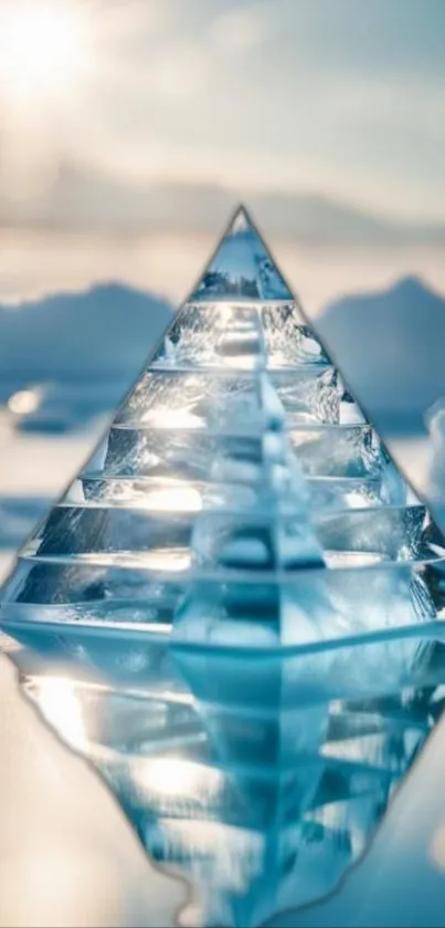 Reflective crystal pyramid on snowy surface under a soft sunlit sky.