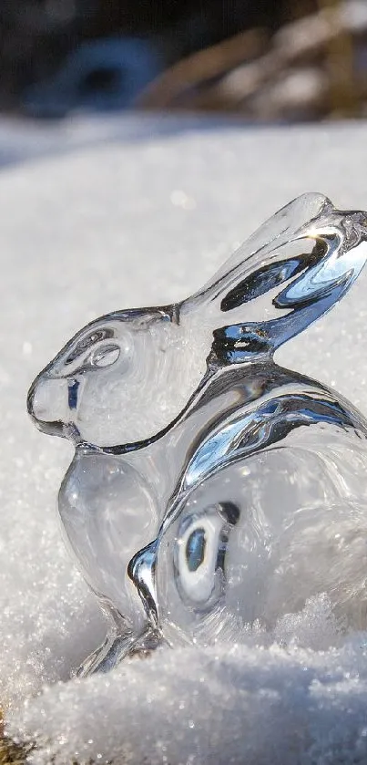 Crystal rabbit sculpture on snowy ground.