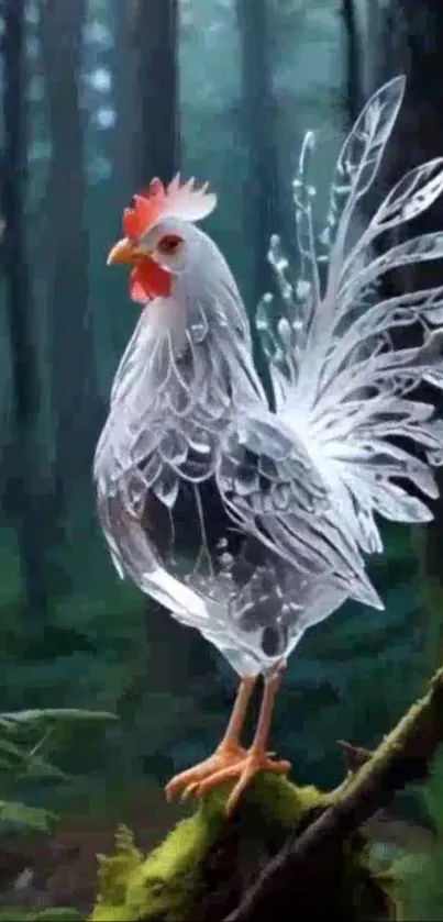 Crystal rooster in a mystical forest setting.