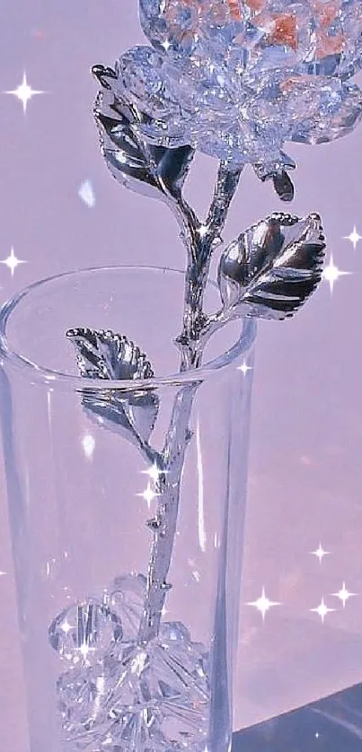 Crystal rose in glass vase with light purple background.