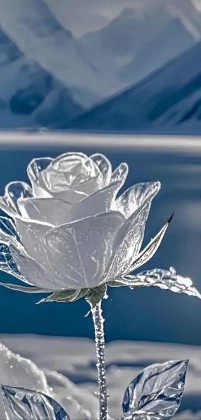 Crystal rose in snowy mountain landscape, elegant and serene.