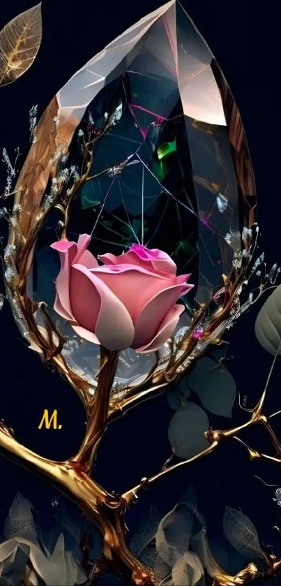 Elegant crystal rose with golden branches on a dark background mobile wallpaper.