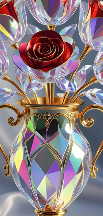Iridescent crystal roses in a golden vase on elegant wallpaper.