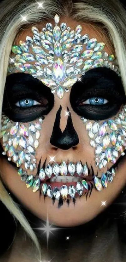 Vibrant skull face art with crystals on black background.