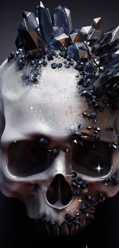 A skull adorned with glittering crystals on a dark background.