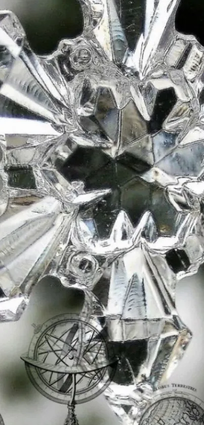 Close-up of a shiny crystal snowflake design.