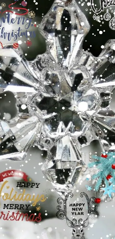 Crystal snowflake ornament with holiday greetings on a snowy background.