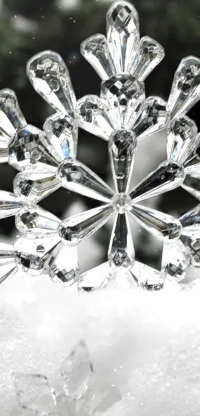 Intricate crystal snowflake on snowy background.