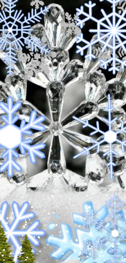 Intricate crystal snowflake wallpaper with winter theme.