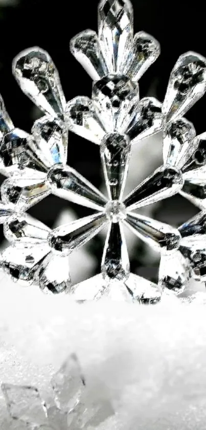 Elegant crystal snowflake on white snow background.