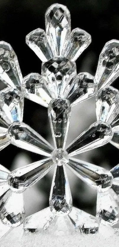 Close-up of a crystal snowflake pattern on white background.