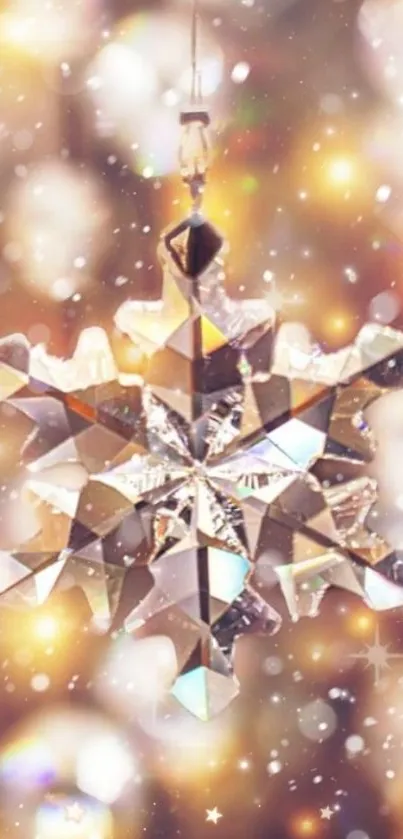 Mobile wallpaper featuring a glowing crystal snowflake ornament on a bokeh background.