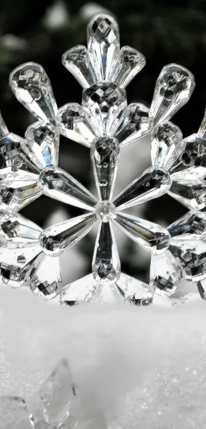 A detailed crystal snowflake set against a snowy winter backdrop.