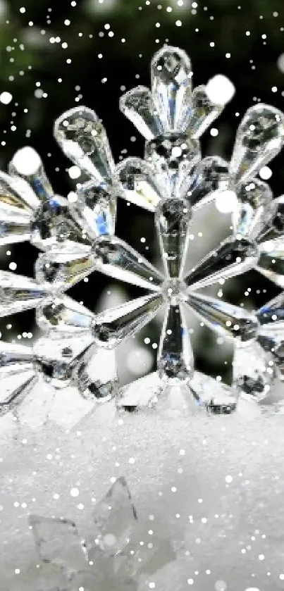 Crystal snowflake on a snowy background with nature vibes.