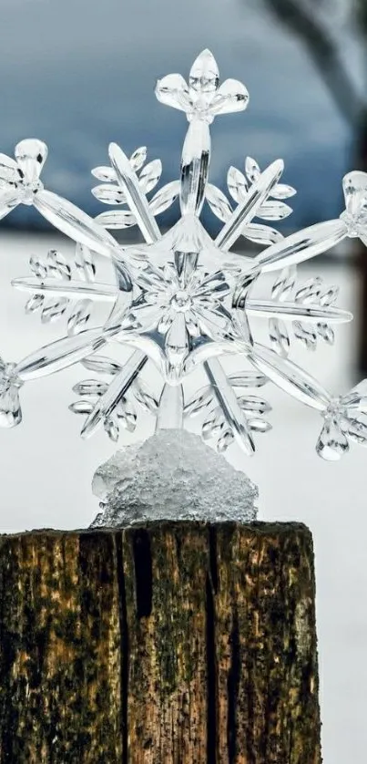 Crystal snowflake on rustic wood post in a snowy landscape.