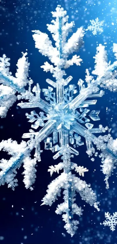 A detailed crystal snowflake with a deep blue background.