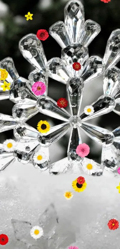 Crystal snowflake with colorful flowers on snow background.