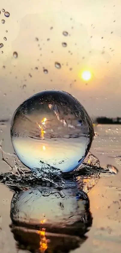 Crystal sphere with golden sunset reflection on water surface.