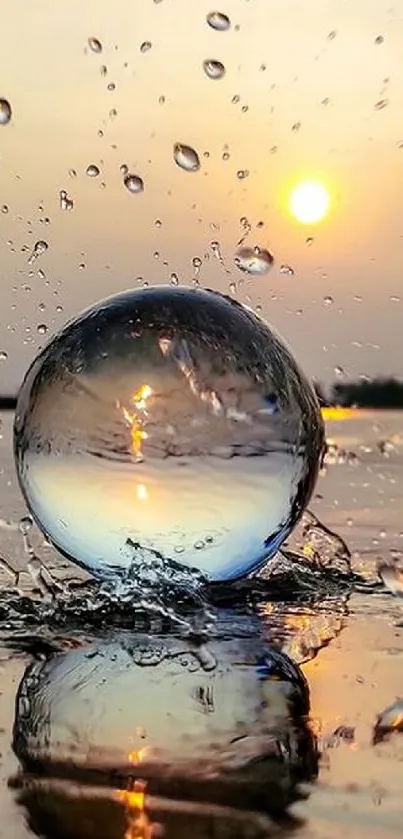 Crystal sphere reflecting a vibrant sunset over calm waters, with splashes and warm hues.