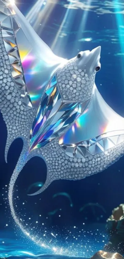 Crystal stingray with shimmering colors swimming underwater.