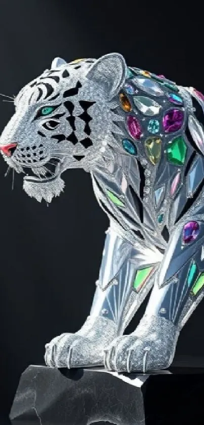 Crystal-adorned tiger statue with vibrant colors.