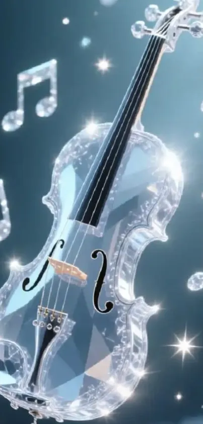 Crystal violin with musical notes background