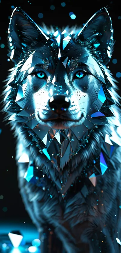 Crystal wolf with blue glow on digital wallpaper.