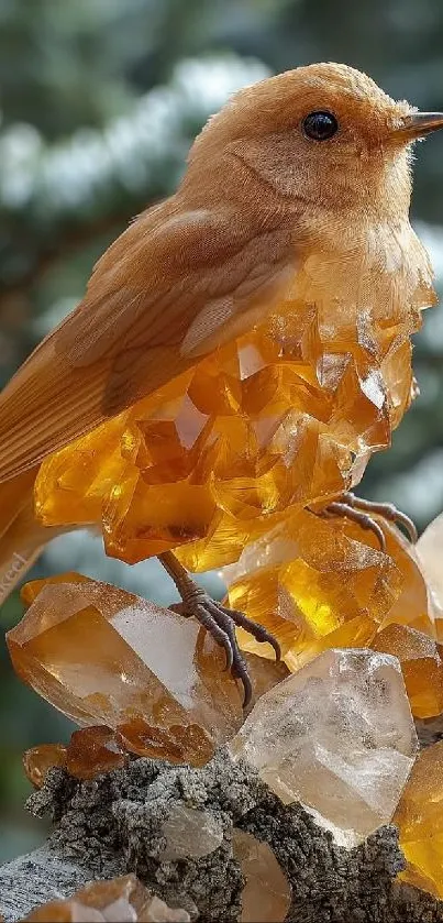 Bird perched on vibrant amber crystals in nature wallpaper.