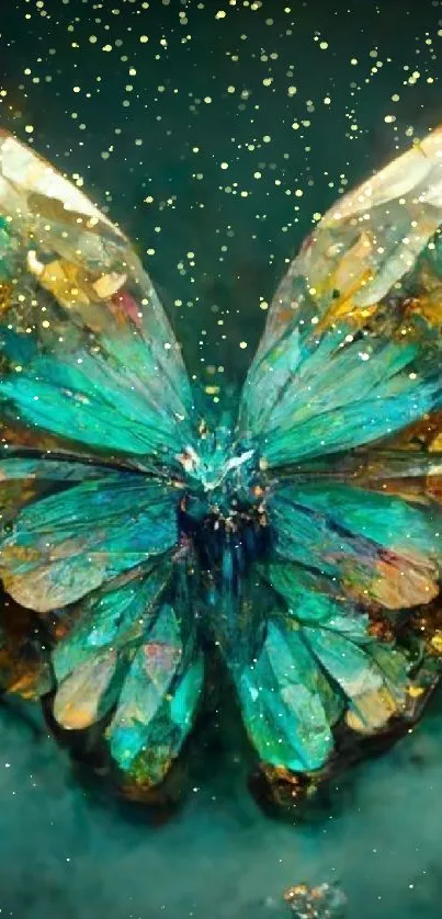 Vibrant crystalline butterfly art with teal and gold hues as mobile wallpaper.