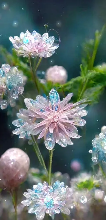 Delicate crystalline flowers in pink and blue hues with green foliage.