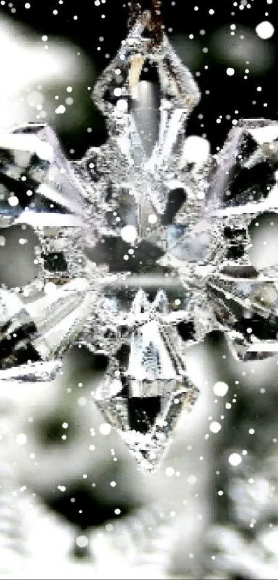 Intricate crystal snowflake in winter setting, ideal for mobile wallpaper.
