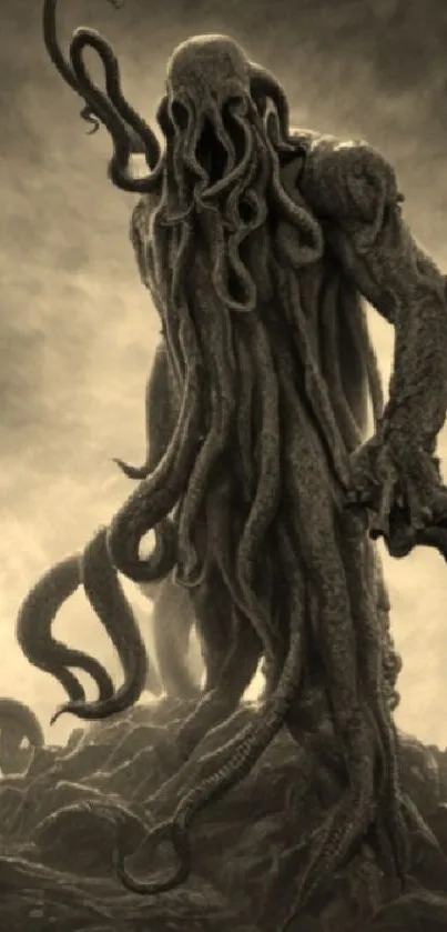 Cthulhu themed wallpaper with tentacles in sepia tones for mobile devices.