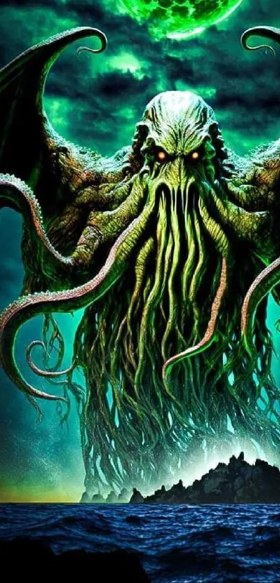 Dark fantasy Cthulhu-inspired art with vibrant green and black tones.