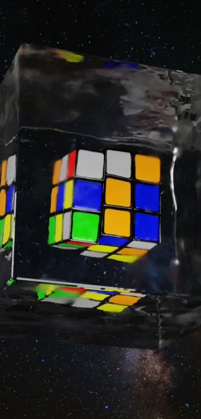 Colorful Rubik's Cube in ice against starry cosmic background.