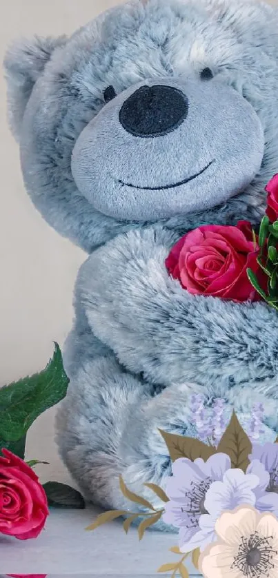 Cuddly blue teddy bear holding vibrant red roses.