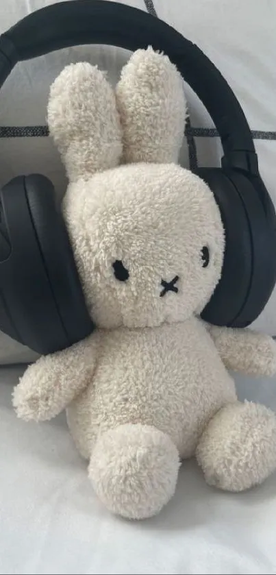 Plush bunny with headphones on a white bed.