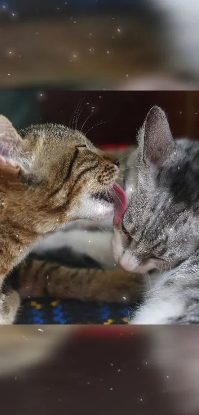 Two adorable cats snuggling and grooming each other.