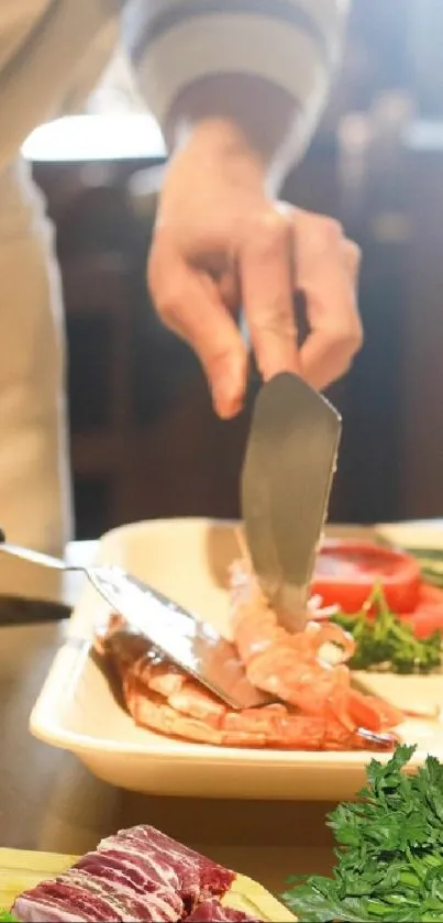 Chef preparing gourmet meal with fresh ingredients on kitchen counter.