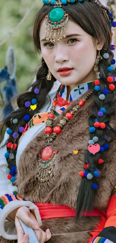 Woman in vibrant cultural attire with colorful accessories.