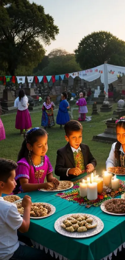 Children in traditional attire at outdoor celebration.