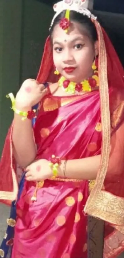 Person in vibrant traditional costume with rich red hues.