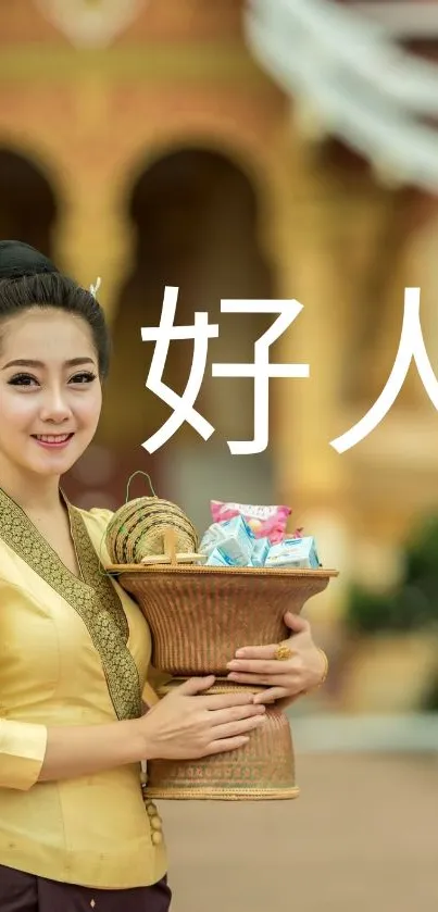 Woman in traditional dress holding basket, with "好人" text.