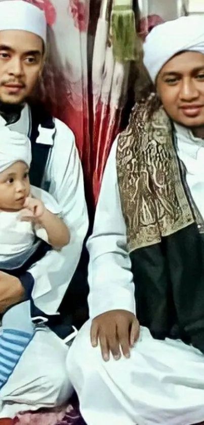 Family in cultural attire posing warmly with smiles.