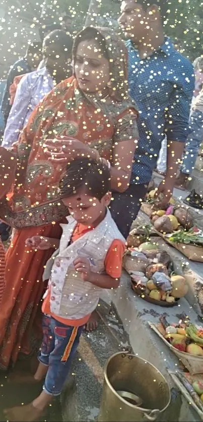 Cultural festival scene with traditional attire and offerings by the river.