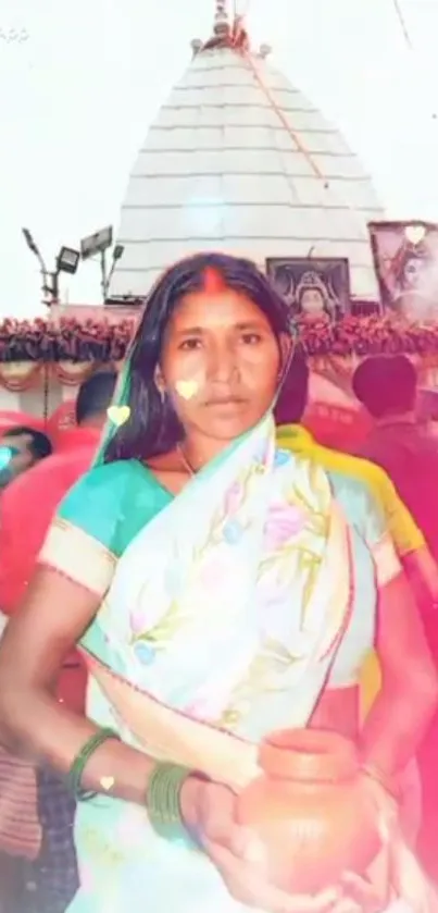 Vibrant festival portrait of a woman with cultural backdrop.