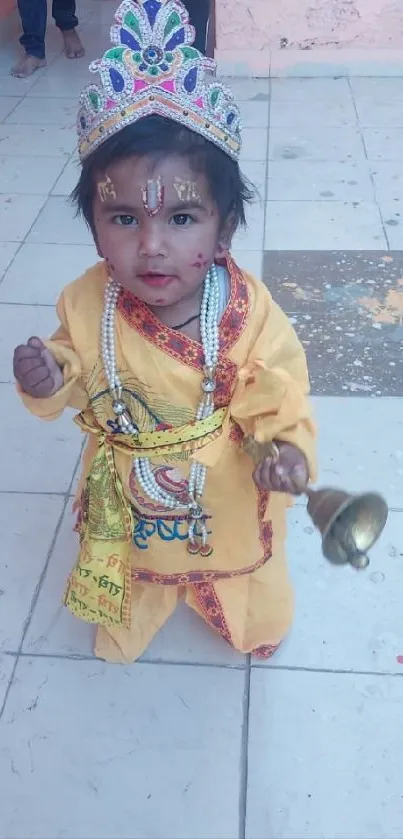 Child in bright traditional costume with cultural accessories on tiled floor.